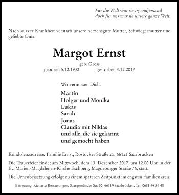 Todesanzeige von Margot Ernst von saarbruecker_zeitung