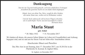 Todesanzeige von Maria Staut von saarbruecker_zeitung