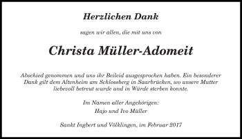 Todesanzeige von Christa Müller-Adomeit von saarbruecker_zeitung