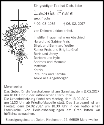 Todesanzeige von Leonie Freis von saarbruecker_zeitung