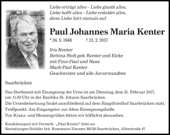 Todesanzeige von Paul Johannes  Kenter von saarbruecker_zeitung