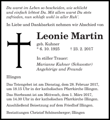 Todesanzeige von Leonie Martin von saarbruecker_zeitung
