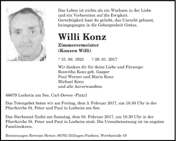 Todesanzeige von Willi Konz von saarbruecker_zeitung