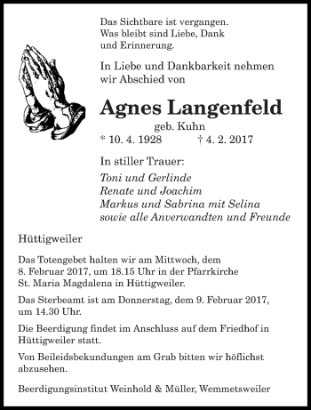 Todesanzeige von Agnes Langenfeld von saarbruecker_zeitung