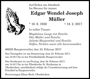 Todesanzeige von Edgar Wendel Joseph Müller von saarbruecker_zeitung