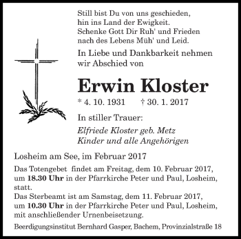Todesanzeige von Erwin Kloster von saarbruecker_zeitung