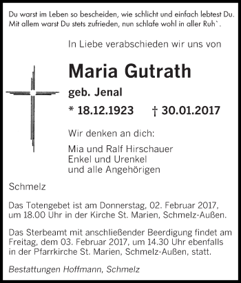 Todesanzeige von Maria Gutrath von saarbruecker_zeitung