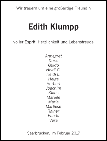 Todesanzeige von Edith Klumpp von saarbruecker_zeitung