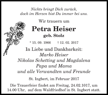 Todesanzeige von Petra Heiser von saarbruecker_zeitung
