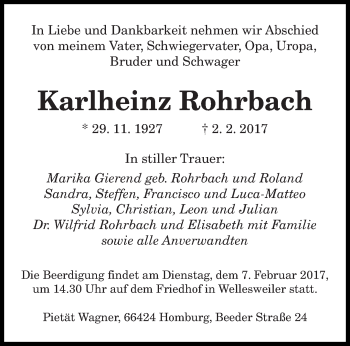 Todesanzeige von Karlheinz Rohrbach von saarbruecker_zeitung
