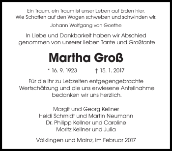Todesanzeige von Martha Groß von saarbruecker_zeitung