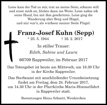 Todesanzeige von Franz-Josef Kuhn von saarbruecker_zeitung