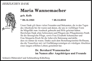Todesanzeige von Maria Wannemacher von saarbruecker_zeitung