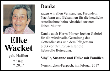 Todesanzeige von Elke Wacket von saarbruecker_zeitung