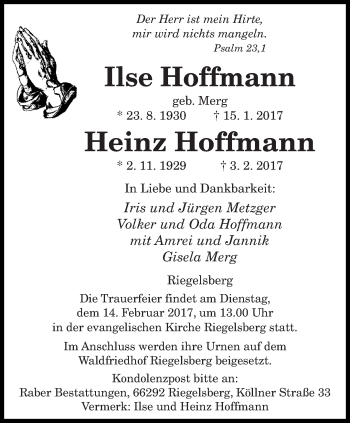 Todesanzeige von Ilse und Heinz Hoffmann von saarbruecker_zeitung
