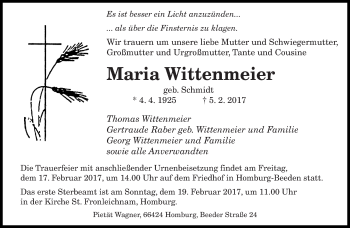 Todesanzeige von Maria Wittenmeier von saarbruecker_zeitung