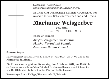 Todesanzeige von Marianne Weisgerber von saarbruecker_zeitung