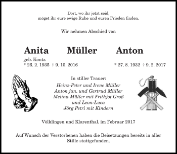 Todesanzeige von Anita und Anton Müller von saarbruecker_zeitung