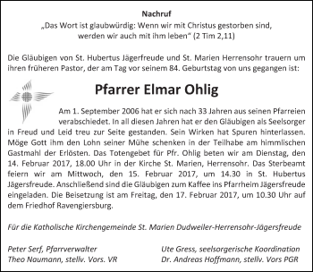 Todesanzeige von Elmar Ohlig von saarbruecker_zeitung