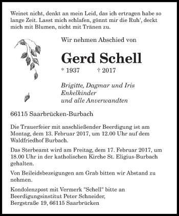 Todesanzeige von Gerd Schell von saarbruecker_zeitung
