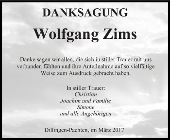 Todesanzeige von Wolfgang Zims von saarbruecker_zeitung