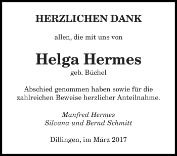 Todesanzeige von Helga Hermes von saarbruecker_zeitung