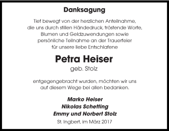 Todesanzeige von Petra Heiser von saarbruecker_zeitung