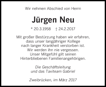 Todesanzeige von Jürgen Neu von saarbruecker_zeitung