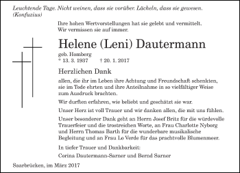 Todesanzeige von Helene Dautermann von saarbruecker_zeitung