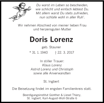 Todesanzeige von Doris Lorenz von saarbruecker_zeitung