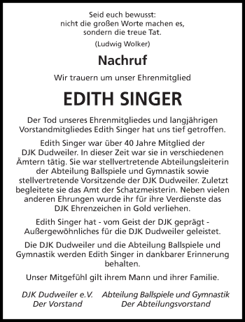 Todesanzeige von Edith Singer von saarbruecker_zeitung