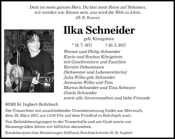 Todesanzeige von Ilka Schneider von saarbruecker_zeitung