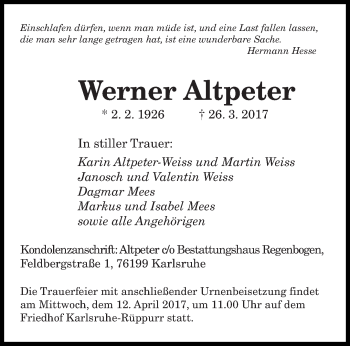 Todesanzeige von Werner Altpeter von saarbruecker_zeitung