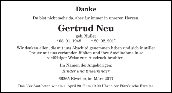 Todesanzeige von Gertrud Neu von saarbruecker_zeitung