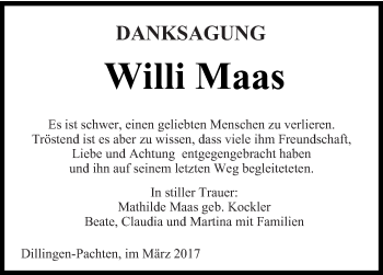 Todesanzeige von Willi Maas von saarbruecker_zeitung