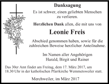 Todesanzeige von Leonie Freis von saarbruecker_zeitung