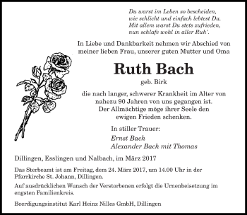 Todesanzeige von Ruth Bach von saarbruecker_zeitung