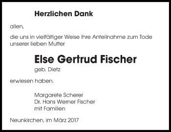 Todesanzeige von Else Gertrud Fischer von saarbruecker_zeitung