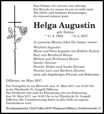 Todesanzeige von Helga Augustin von saarbruecker_zeitung