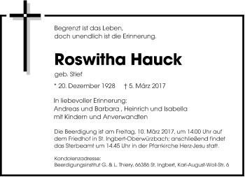 Todesanzeige von Roswitha Hauck von saarbruecker_zeitung