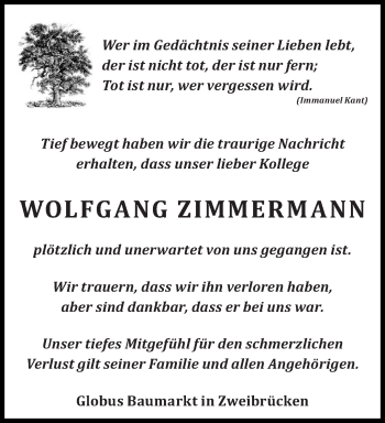 Todesanzeige von Wolfgang Zimmermann von saarbruecker_zeitung