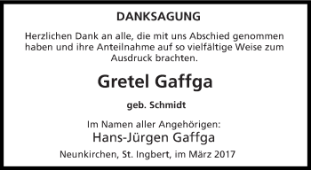 Todesanzeige von Gretel Gaffka von saarbruecker_zeitung