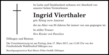 Todesanzeige von Ingrid Vierthaler von saarbruecker_zeitung