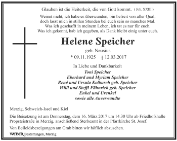 Todesanzeige von Helene Speicher von saarbruecker_zeitung