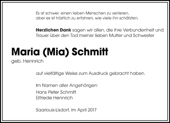 Todesanzeige von Maria Mia Schmitt von saarbruecker_zeitung