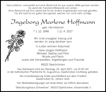 Todesanzeige von Ingeborg Marlene Hoffmann von saarbruecker_zeitung