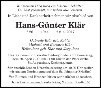 Todesanzeige von Hans-Günter Klär von saarbruecker_zeitung