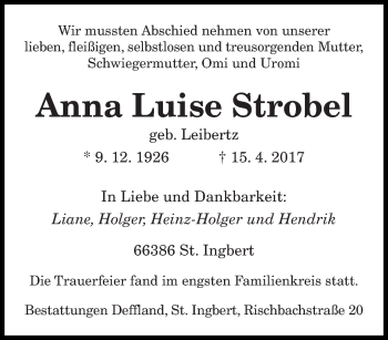 Todesanzeige von Anna Luise Strobel von saarbruecker_zeitung