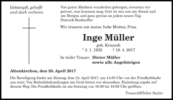 Todesanzeige von Inge Müller von saarbruecker_zeitung