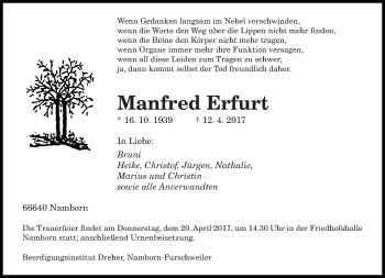 Todesanzeige von Manfred Erfurt von saarbruecker_zeitung